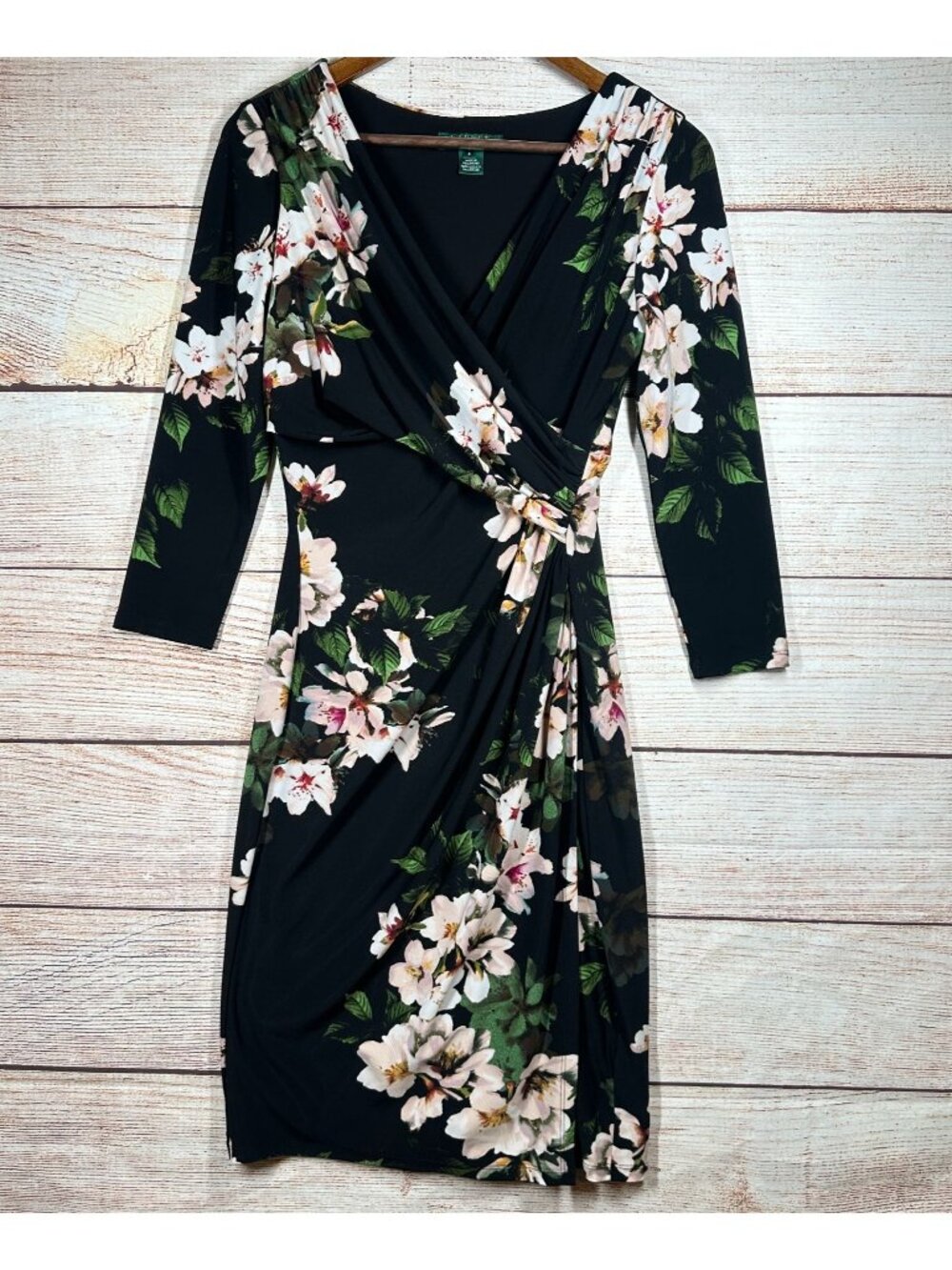 Lauren Ralph Lauren Women’s Size 4 Black Floral Faux Wrap Midi Dress Long Sleeve